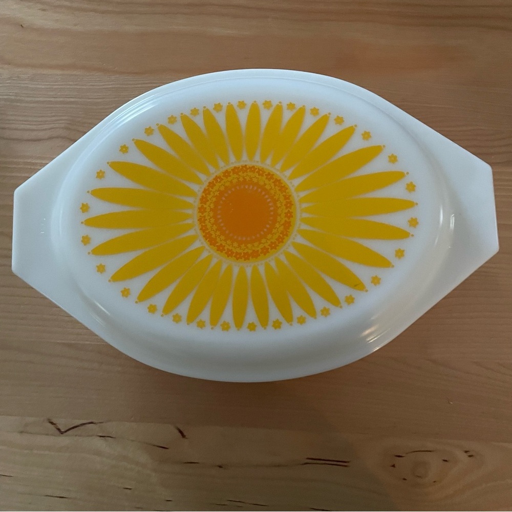 Oval Pyrex Casserole Dish with Yellow Sunburst Design